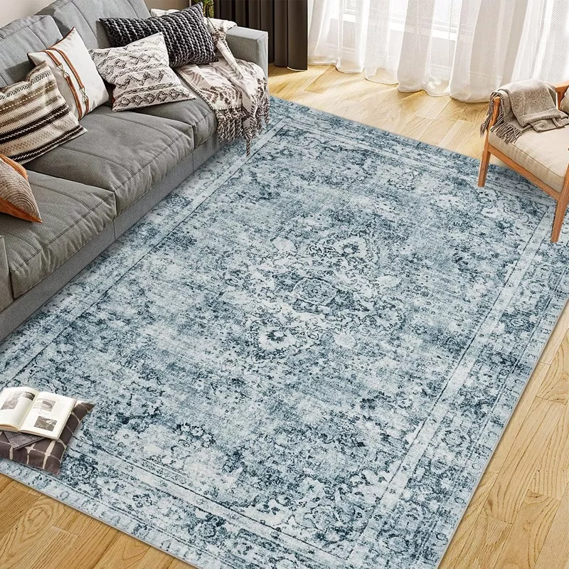 Washed Back Low Pile Area Rug for Living Room 5x7ft Blue, Washable Non Slip Carpet for Bedroom Kitchen Hallway
